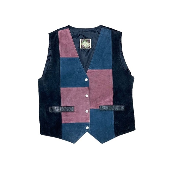 Learsi Leather Vest Men's Size Medium Red Blue Black Vintage Patchwork Lined - Picture 1 of 6
